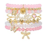 Pink Beaded Bracelet for Women 7Pcs Stackable Opal Stone Stretch Bracelets Sweet Multilayered Gold Charm Bracelets Set Love Heart Flower Clover CZ Butterfly Bow Hello Charm Jewelry Gift for Women