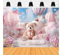 Pink Bear Baby Shower Backdrop Girl Pink White Floral Bow Hot Air Love Balloons Cloud Photography Background First Birthday Backdrops for Girls Newborn Baby Shower Party Cake Table Banner (C, 7x5feet)