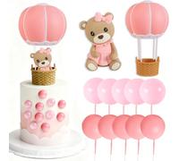 Pink Bear Cake Decoration, Bear Ball Cake Topper Hot Air Balloons Bears Cake Topper Decoration Baby Shower Birthday Cake Deco 12-Piece Set