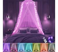 Pink Bed Canopy for Girls, Bedroom Decor Princess Canopy Bed Curtain with Lights, 100LED Star Fairy String Lights Hanging Dome Bed Tent with Remote for Twin to King Size Bed