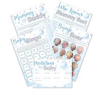 Pink Bee Baby Shower Games Bundle, Over the Moon Theme, Blue for Baby Boys, Baby Bingo, Baby Predictions, Who Knows Mummy Best, Mummy or Daddy and Bump or Beer Belly, 5 Fun Games for 10 Guests