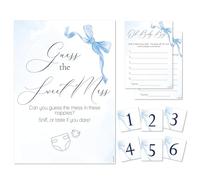 Pink Bee Guess the Sweet Mess Baby Shower Game Blue Bow 10 Guests | A4 game sign with 10 answer cards and 6 numbered nappy stickers; funny baby shower guessing game in a blue coquette bow theme