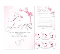 Pink Bee Guess the Sweet Mess Baby Shower Game Pink Bow 40 Guests | A4 game sign with 40 answer cards and 6 numbered nappy stickers; funny baby shower guessing game in a pink coquette bow theme