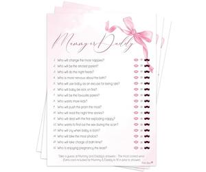 Pink Bee Parties Baby Shower Game Mummy or Daddy - Pretty Bow Theme in Pink for Baby Girl, Fun Quiz Game, Parents To Be, Gender Reveal (30 Player)
