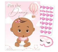 Pink Bee Parties Pin The Dummy Baby Shower Game in Pink Hot Air Balloon Theme Up, Up and Away with Ethnic Baby Girl. (40 Player)