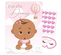 Pink Bee Parties Pin The Dummy Baby Shower Game in Pink Hot Air Balloon Theme Up, Up and Away with Ethnic Baby Girl. (20 Player)