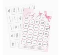 Pink Bee Pink Bow Baby Shower Bingo Game for Girls 10 Player Pack | Includes 10 unique bingo cards and 60 perforated calling cards; pretty pink bow design; large 12.5 x 17.5 cm game cards