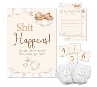 Pink Bee Teddy Bear Shit Happens Baby Shower Nappy Game for 20 Guests | Neutral beige We Can Bearly Wait theme; A4 game sign; 20 answer cards (10 x 15 cm); six numbered nappy stickers included