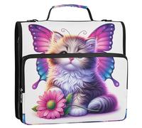 Pink Binder Zipper Organizer 3 Ring Binders 1 1/2 Inch D Ring Cute Kitten Cat Butterfly Floral Storage Portfolio Folder with Handle School Binders Bag with Shoulder Strap