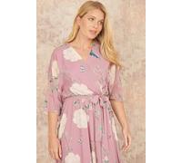 Pink Bird and Floral Print Midi Wrap Dress Yumi Pink 18