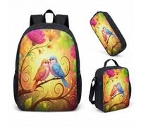 Pink Bird Magic Forest 17 Inch Backpack Set 3 Piece School Bag Floral Print Fairy Tale Whimsical Bookbag for Girls (06)