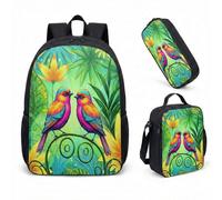 Pink Bird Magic Forest 17 Inch Backpack Set 3 Piece School Bag Floral Print Fairy Tale Whimsical Bookbag for Girls (05)