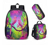 Pink Bird Magic Forest 17 Inch Backpack Set 3 Piece School Bag Floral Print Fairy Tale Whimsical Bookbag for Girls (03)