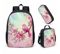 Pink Bird Magic Forest 17 Inch Backpack Set 3 Piece School Bag Floral Print Fairy Tale Whimsical Bookbag for Girls (02)
