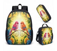 Pink Bird Magic Forest 17 Inch Backpack Set 3 Piece School Bag Floral Print Fairy Tale Whimsical Bookbag for Girls (04)