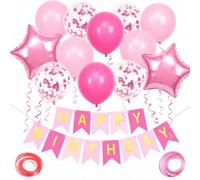 Pink Birthday Banner with Confetti Balloons - Complete Decoration Set Including Happy Birthday Banner, Latex Balloons, Star, Adhesive Tape and Ribbons for Women's Indoor Outdoor Party Celebrations