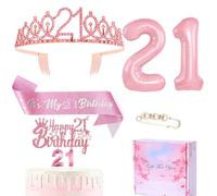 Pink Birthday Crown Headband Sash for 21st Gifts, Sash and Tiara, Balloons, Cake Topper, Candle, Crown Pin for 21 Years Old Party
