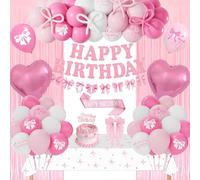 Pink Birthday Decorations, Bow Birthday Party Decorations Set Happy Birthday Banner, Pink White Balloons, Bow Tablecloth, Sash Fringe Curtain, Birthday Decoration for Girls Women Princess