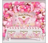 Pink Birthday Decorations for Girls, Butterfly Theme Happy Birthday Decorations with Pink and Rose Gold Balloon Arch Kit, Foil Balloons, Butterfly Tablecloth and Backdrop for Girl Bitrhday Butterflies