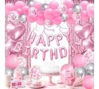 Pink Birthday Decorations, Happy Birthday Banner, Confetti Balloons, Fringe Curtain, Heart Star Foil Balloons, Hanging Swirls for Women Girls Birthday Princess Party Decorations