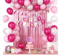 Pink Birthday Decorations, Happy Birthday Party Decorations For Girl Women With Pink Confetti Balloons Hot Pink Pearl White Balloon Fringe Curtain Triangle Flag Banner Cake Topper For Party Supplies