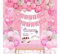 Pink Birthday Decorations, Pink Party Decorations Set Happy Birthday Banner, Balloons, Star Heart Foil Balloons, Fringe Curtain Tablecloth Sash Tiara Crown Pom Poms for Girls Princess Women