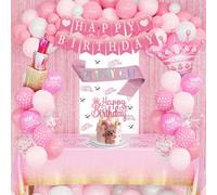 Pink Birthday Decorations Set for Women Girls - Happy Birthday Banner,Confetti Balloons,Fringe Curtain,Lipstick Foil Balloon,Tablecloth & Crown for Party Decorations
