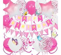 Pink Birthday Decorations set, Happy Birthday Banner for girl, Pink oons with Stars Foil oon, Butterfly Decorations Hanging Swirls, Bunting Banner for Party Supplies