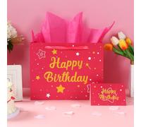 Pink Birthday Gift Bag, Large Gift Bags for Presents, Paper Bags with Handles Tissue Paper Greeting Card, for Girls Womens Birthday Supplies-Starry Sky Design-33×12×26cm