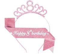 Pink Birthday Girl Sash and Headbande Sets,"HAPPY 8th BIRTHDAY SASH"for Girl's 8th Birthday Decor