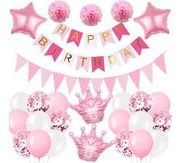 Pink Birthday Party Decorations Girls - 50 Pieces Party Supplies Happy Birthday Banner Crown Star Foil Balloons, Paper Pom Poms, Sequined Balloons, Pennant Garland for Girlfriend Daughter Women Enfant