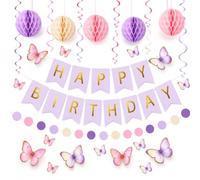 Pink Birthday Party Decorations Kit with Butterflies, Banner & Bunting. | Includes Happy Birthday banner, bunting, honeycomb balls, hanging swirls & butterflies for complete birthday party supplies.