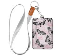Pink Black Butterfly id Badge Holder Vertical with Lanyard and 3-Card Capacity Name Card Holders for Office Worker Nurse Teacher Student