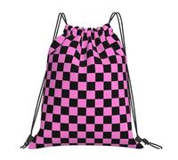 Pink Black Checkered Chessboard Flag Gym Bag Portable String Backpack Unisex Drawstring Bag For Beach Picnic Shopping 36X42Cm