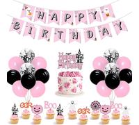 Pink & Black Halloween Birthday Party Set - Happy Birthday Banner, Ghost, Bat & Balloons, Glitter Cake Topper Decorations