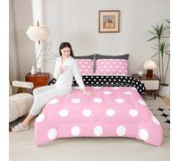 Pink Black Kids Bedding Comforter Set Full Size,Girls Kids Polka Dot Bedding Sets All Season,Girly Dreamy Cartoon Themed Bedroom Quilt Set,Simple Geometric Circle Duvet Insert,2 Pillowcases