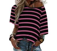 Pink Black Stripe Print Off The Shoulder Tops for Women, Graphic Tees Oversized Tshirts Womens Summer Tops, Style-18, L