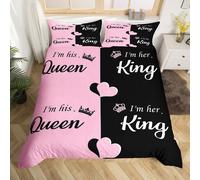 (Pink Black, Super King(No Comforter)) King and Queen Crown Duvet Cover Black White Mr Mrs Double Bedding Set For Adults Men Women,His And Hers Couple Comforter Cover Valentine'S Day