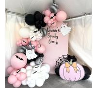 Pink Black White Halloween Balloon Garland Kit,118pcs Pastel Halloween Ghost Striped Foil Balloon Arch with 3D Bats for Girl Kawaii Spooky One Birthday Backdrop Baby Shower Birthday Party Decorations