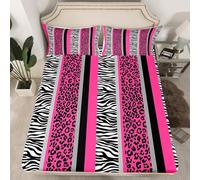 Pink Black White Zebra Bed Sheet Set Double Hot Pink Leopard Bedding Set for Kids Boys Girls Zebra Stripes Fitted Sheet Safari Animal Hair Bed Cover Bed Set 3Pcs (No TOP Sheet)