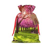 Pink Blooming Orchard Gift Bag with Handles and tag, Holiday Decoration, for Christmas, Birthday, Wedding - (S)