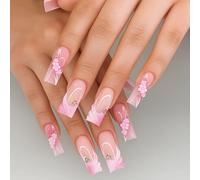 Pink Blossom Charm Press On Nails - Long Square Shape with 3D Flower and Rhinestone Design - 24PCS Glossy French Tip False Nails for Women Daily or Party Wear