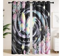 Pink Blue Blackout Curtains Eyelet Gouache Paint Butterflies Shimmering Spirals Flowers Pattern, Darkening Drapes Girls Room Bedroom Cinema Room, Fantasy Romantic Window Treatment Eyelets, 52 x 63