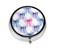 Pink Blue Bow Small Pill Box 3 Compartment Portable Pill Box for Purse Pocket Grid Mini Medicine Organiser for Daily Vitamin Fish Oil Storage