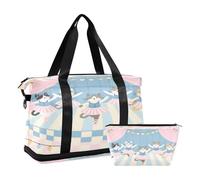 Pink Blue Cats Dancing Cartoon Foldable Large Bag Sports Duffel Bags with Toiletry Bag for Trip