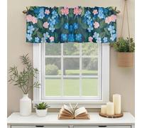 Pink Blue Floral Valances for Windows, Spring Beautiful Flower Green Leaf Oil Painting Style Rod Pocket Valance Short Window Treatments Curtains for Kitchen Bathroom Bedroom Decor, 42 x 12 Inches