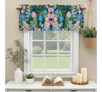 Pink Blue Floral Valances for Windows, Spring Beautiful Flower Green Leaf Oil Painting Texture Rod Pocket Valance Short Window Treatments Curtains for Kitchen Bathroom Bedroom Decor, 56 x 16 Inches