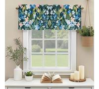 Pink Blue Floral Valances for Windows, Spring Beautiful Flower Green Leaf Watercolor Rod Pocket Valance Short Window Treatments Curtains for Kitchen Bathroom Bedroom Decor, 42 x 18 Inches