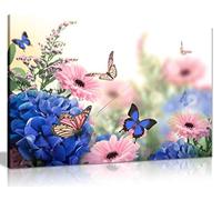 Pink Blue Flowers Butterflies Canvas Wall Art Picture Print (24x16)