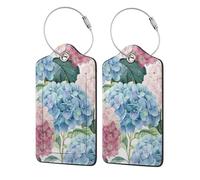 Pink Blue Hydrangea,Luggage Tags Pu Leather Name Tag Travel Suitcase Identifier ID Tags Durable Luggage Label 2 pcs